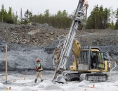 Workers prepare a blast at Atlantic Gold Corporation's Touquoy open pit gold mine in Moose River Gold Mines, N.S.