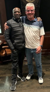 Friends reunited: Jack Selomo and Alan Highton  at the group dinner the night before the race.