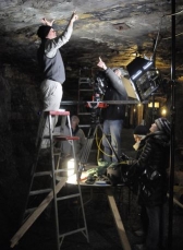 A film crew with the Smithsonian National Museum of Natural History works to record a video at the Pocahontas Exhibition Mine.