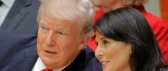 President Trump talks with U.S. Ambassador to the U.N. Nikki Haley as they attend a session on reforming the United Nations.