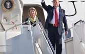 President Donald Trump and U.S. Sen. Shelley Moore Capito, exit Air Force One shortly after landing in Wheeling.