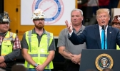 President Donald Trump speaks in front of pipeline workers at the International Union of Operating Engineers.
